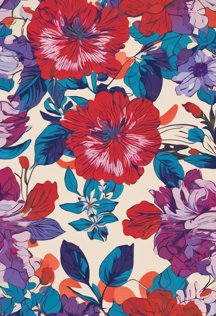 Floral print for shirt, red purple blue