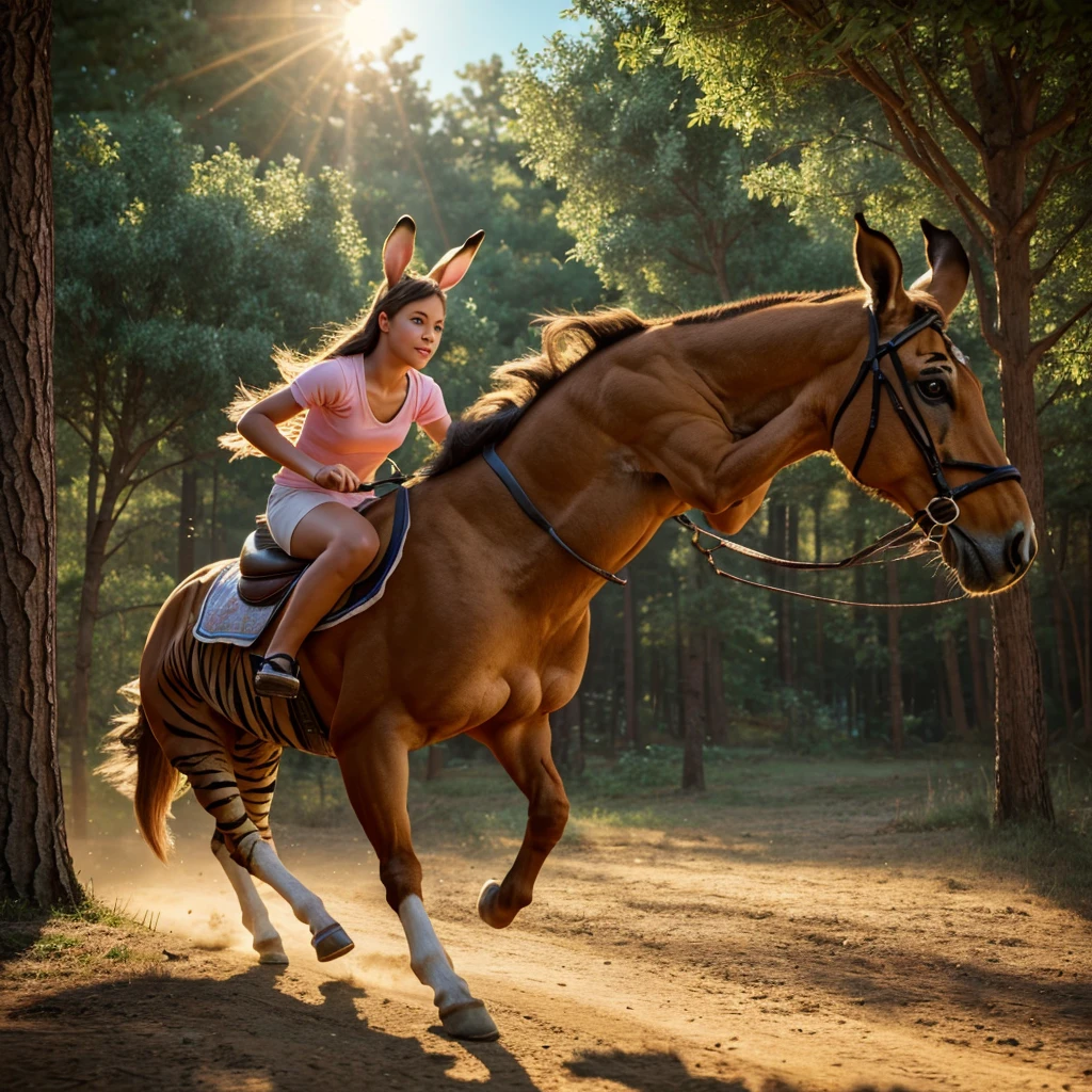 a cute rabbit riding a horse, a tiger running behind the horse, cartoon, (best quality,4k,8k,highres,masterpiece:1.2),ultra-detailed,(realistic,photorealistic,photo-realistic:1.37),cute rabbit,rabbit ears,rabbit face,detailed rabbit,rabbit on horse,tiger behind horse,tiger running,cartoon style,vibrant colors,dynamic scene,3d render,soft lighting,whimsical