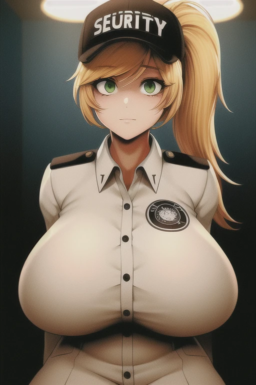 (anime), (illustration), cartoon, detailed, cinematic film still (vanessa, 1girl), uniform, ultra detailed face, security cap, blonde hair, ponytail, hat, (green eyes), (five nights at freddy's: security breach:1.2), . shallow depth of field, vignette, highly detailed, high budget Hollywood movie, bokeh, cinemascope, moody, epic, gorgeous, film grain, grainy, (gigantic breasts)