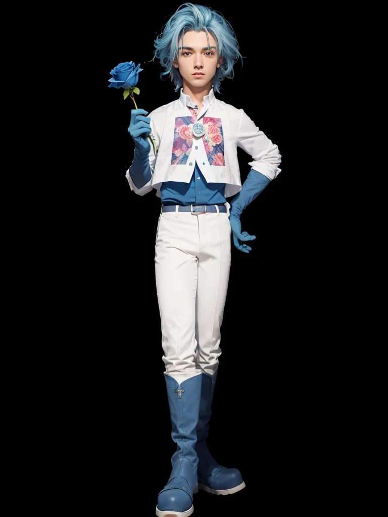 A full body handsome man, with blue hair, COM CAMISA BRANCA, with white pants, with white boots, holding a blue rose in her hand