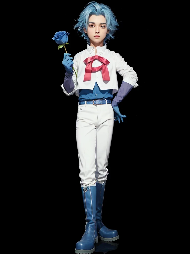 A full body handsome man, with blue hair, COM CAMISA BRANCA, with white pants, with white boots, holding a blue rose in her hand