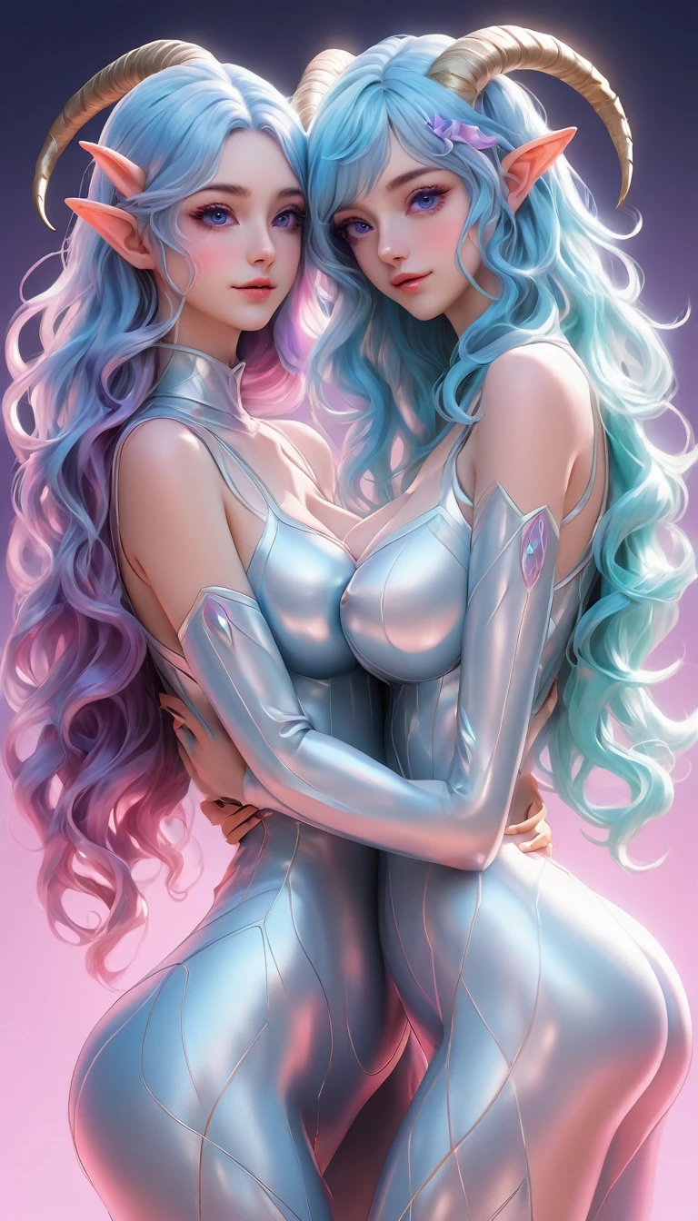 ((masterpiece, best quality)), very aesthetic, ultra detailed, intricate details, highly detailed, UHD, HDR, 8K, perfect face, 2girl, standing next to each other, hugging each other, Retro_wave_style, Vector lines, blue hair, long hair, pink eyes, large breasts, light blue hair, purple eyes, goat horns, elf ears, perfect body, (newest anime art style)