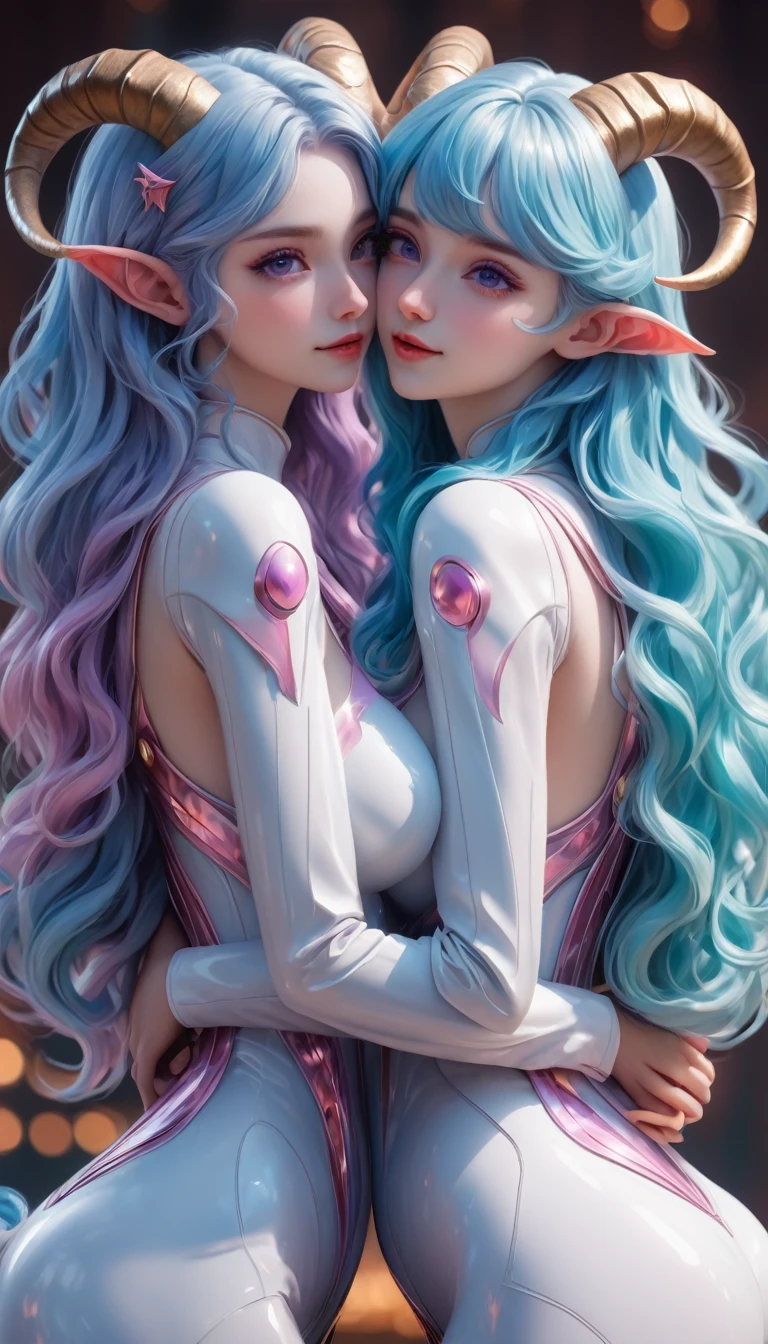 ((masterpiece, best quality)), very aesthetic, ultra detailed, intricate details, highly detailed, UHD, HDR, 8K, perfect face, 2girl, standing next to each other, hugging each other, Retro_wave_style, Vector lines, blue hair, long hair, pink eyes, large breasts, light blue hair, purple eyes, goat horns, elf ears, perfect body, (newest anime art style)