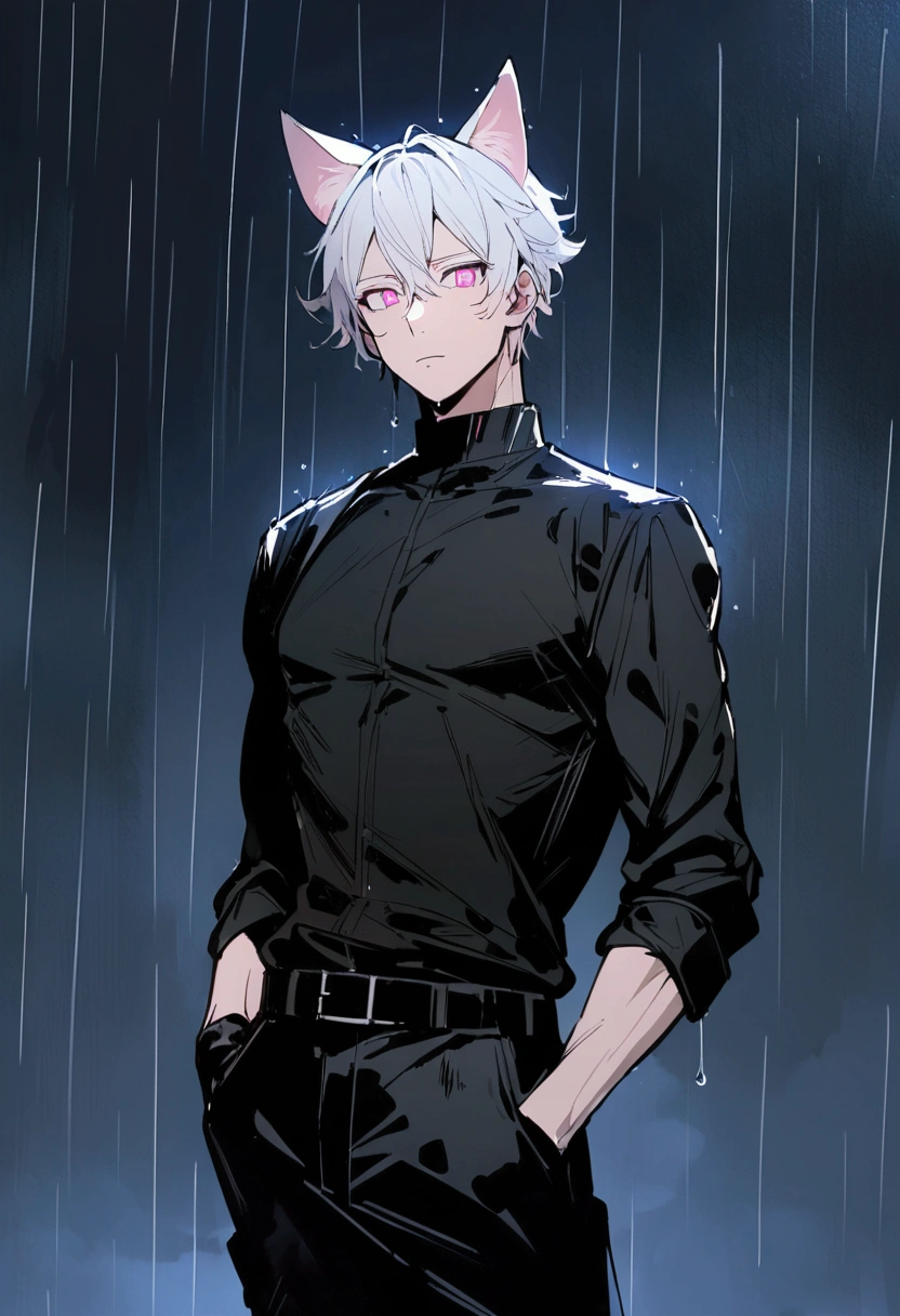 1 men, short white hair, pink eyes, Kitten ears, Wearing a black casual outfit, wearing gloves, slightly muscular body, at night, raining, front view, on a plain , Hand in pockets, 4K, bright coloured, tall quality, close up no rosto, pretty detailed eyes, well-detailed face