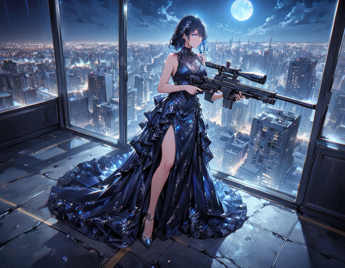 a portrait picture of a 1single woman sniper, standing in a window aiming a sniper rifle, an exotic beautiful woman sniper, dynamic hair, braided hair, full body shop, intense blue eyes, Best detailed face, (ultra detailed face: 1.5), wearing (intricate evening dress: 1.5), elegant dress, dynamic color, dynamic style, wearing elegant stiletto heels , behind a window in a tall building at nigh, aiming a Light Sniper Rifle , cyberpunk city background, its night time, moon rays, some clouds,  (full body shot: 1.1) , vibrant, Ultra-high resolution, High Contrast, (masterpiece:1.5), highest quality, Best aesthetics), best details, best quality, highres, ultra wide angle, 16k, [ultra detailed], masterpiece, best quality, (extremely detailed) Sniper Rifle, evening dress

