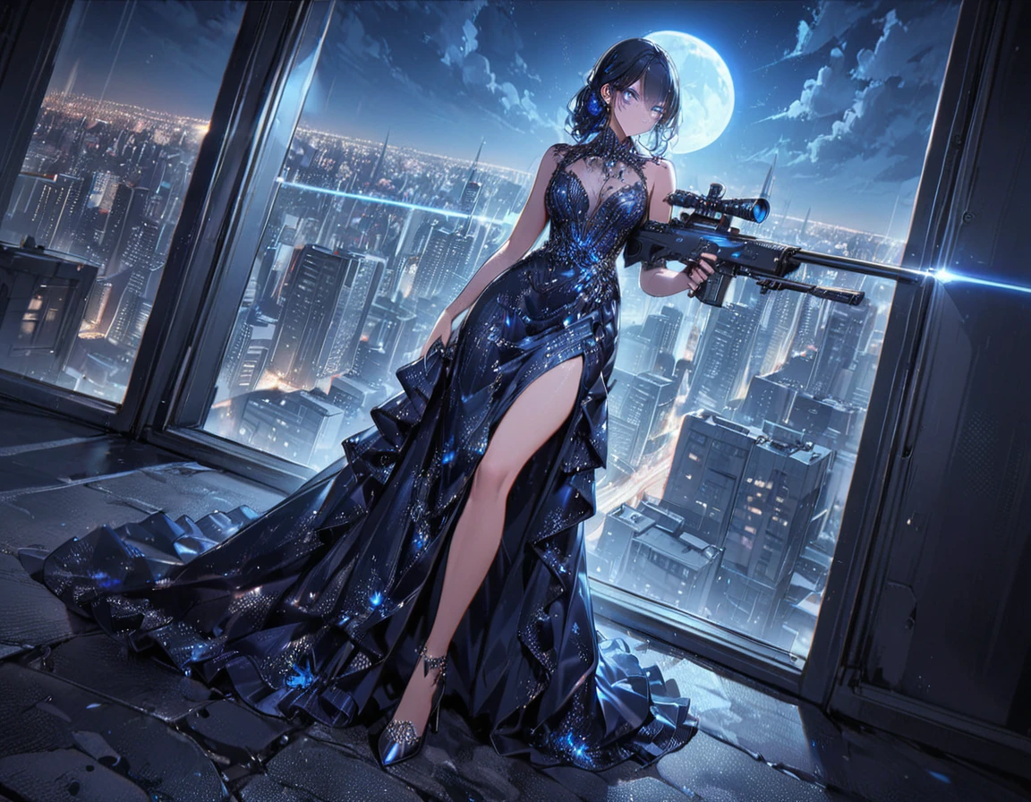 a portrait picture of a 1single woman sniper, standing in a window aiming a sniper rifle, an exotic beautiful woman sniper, dynamic hair, braided hair, full body shop, intense blue eyes, Best detailed face, (ultra detailed face: 1.5), wearing (intricate evening dress: 1.5), elegant dress, dynamic color, dynamic style, wearing elegant stiletto heels , behind a window in a tall building at nigh, aiming a Light Sniper Rifle , cyberpunk city background, its night time, moon rays, some clouds,  (full body shot: 1.1) , vibrant, Ultra-high resolution, High Contrast, (masterpiece:1.5), highest quality, Best aesthetics), best details, best quality, highres, ultra wide angle, 16k, [ultra detailed], masterpiece, best quality, (extremely detailed) Sniper Rifle, evening dress

