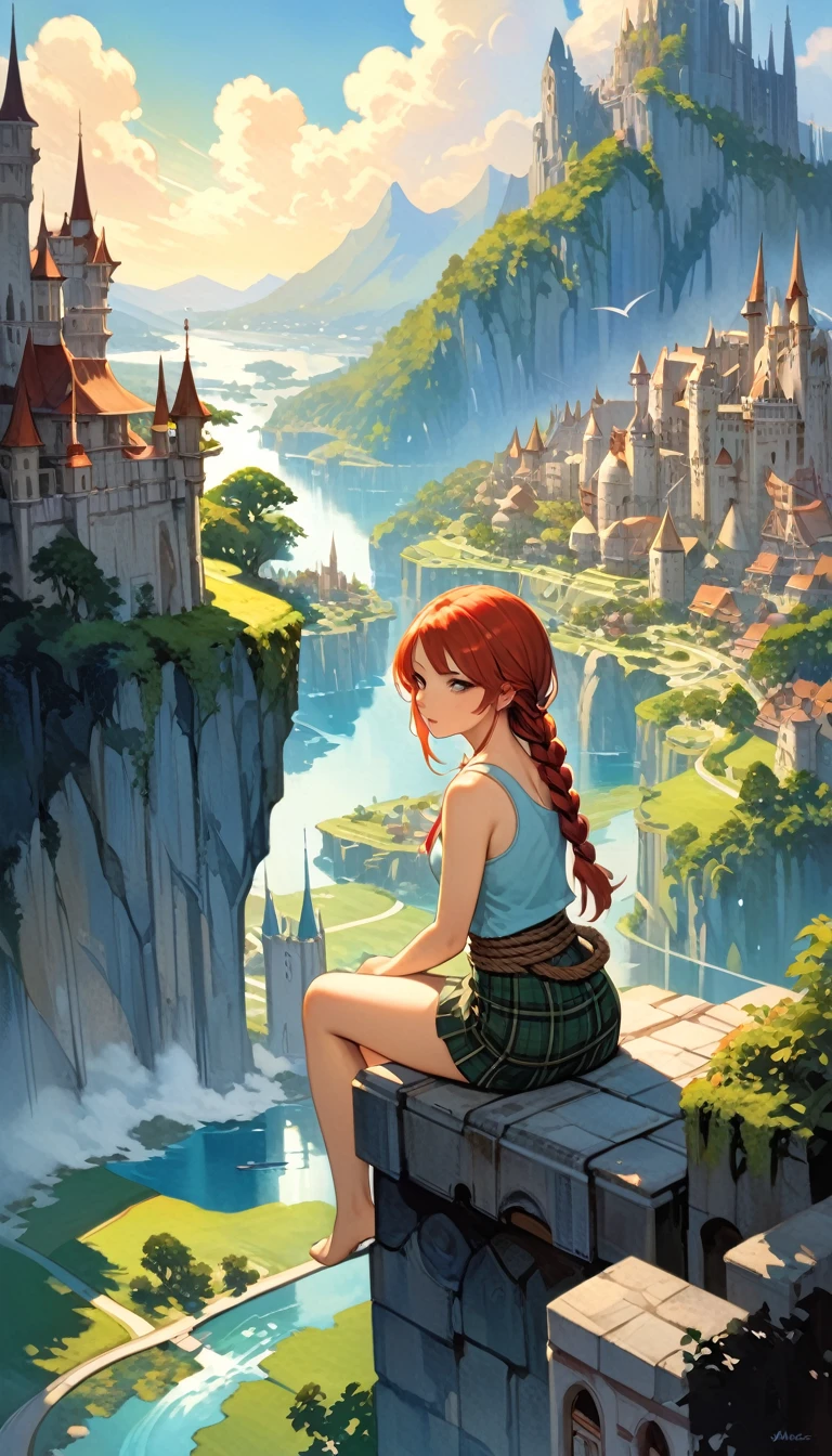 This image represents a beautiful scene from the fantasy world. It is during the day or early afternoon and the atmosphere is calm and great. In the foreground a female character appears sitting with her back to the viewer. She has long red braided hair and wears a plaid miniskirt with stockings and a tank top, very sexy, rope belt. In the background, we see a magnificent city built on a steep mountain or island. The city's architecture is reminiscent of the Middle Ages and the Renaissance, characterized by tall spiers and dense buildings and futuristic elements. High above the city, there are buildings that look like castles and palaces that rise above the rest. Below the city, there are lush green fields and scattered small buildings, which may be farms or towns. The landscape is lush and green with trees surrounding the settlements. Several ships are anchored at the foot of the mountains and islands, suggesting that the city is an important port city. The sky is light blue with very few clouds, indicating that it is daytime or early afternoon. The overall atmosphere is calm and grand, suggesting stories of adventure, exploration, or political intrigue in this fantasy world (art inspired by Bill Sienkiewicz). oil painting)
