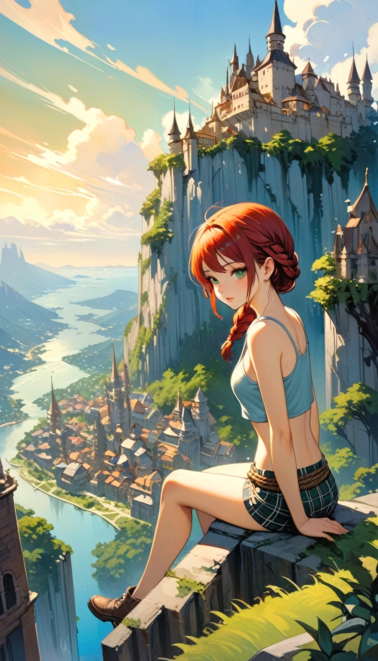 This image represents a beautiful scene from the fantasy world. It is during the day or early afternoon and the atmosphere is calm and great. In the foreground a female character appears sitting with her back to the viewer. She has long red braided hair and wears a plaid miniskirt with stockings and a tank top, very sexy, rope belt. In the background, we see a magnificent city built on a steep mountain or island. The city's architecture is reminiscent of the Middle Ages and the Renaissance, characterized by tall spiers and dense buildings and futuristic elements. High above the city, there are buildings that look like castles and palaces that rise above the rest. Below the city, there are lush green fields and scattered small buildings, which may be farms or towns. The landscape is lush and green with trees surrounding the settlements. Several ships are anchored at the foot of the mountains and islands, suggesting that the city is an important port city. The sky is light blue with very few clouds, indicating that it is daytime or early afternoon. The overall atmosphere is calm and grand, suggesting stories of adventure, exploration, or political intrigue in this fantasy world (art inspired by Bill Sienkiewicz). oil painting)