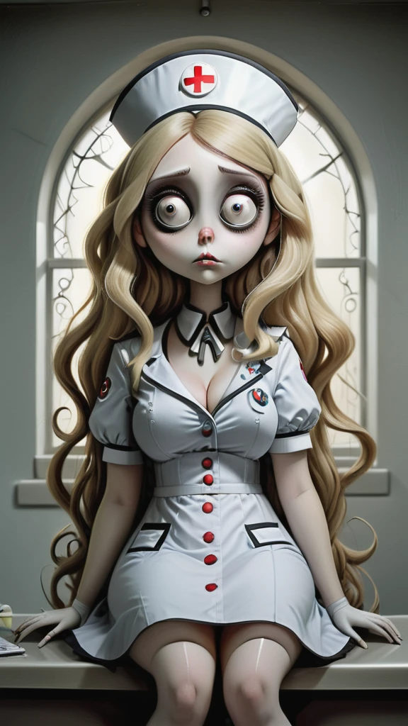 Young beautiful Chubby nurse sitting in Tim Burton-inspired hospital. Hospital is full of peculiar organ creatures with big eyes and Burtonesque charm. Nurse is voluptuous, has big breasts, blonde long wavy hair, (wearing nurse uniform with big cleavage). Hospital is a blend of anime aesthetics and Burtonesque surrealism, (hand drawn with pencil:1.2), (tim burton style:1.27), curvy body, ultra detailed, intricate, dynamic pose, natural light, fantasy art, big eyes, mysterious, 