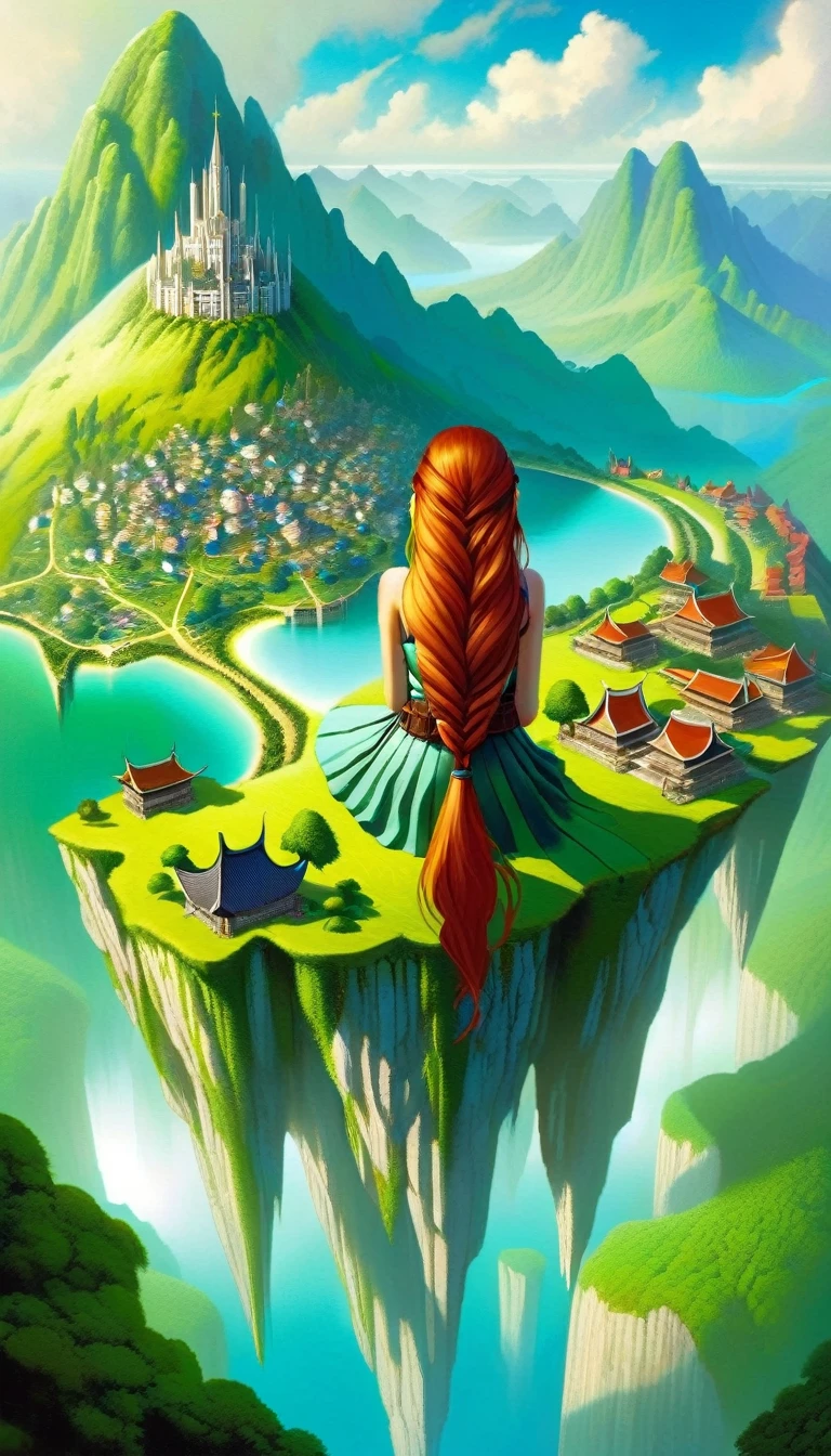 This image represents a beautiful scene from the fantasy world. It is during the day or early afternoon and the atmosphere is calm and great. In the foreground a female character appears sitting with her back to the viewer. She has long red braided hair and wears a plaid miniskirt with stockings and a tank top, very sexy, rope belt. In the background, we see a magnificent city built on a steep mountain or island. The city's architecture is reminiscent of the Middle Ages and the Renaissance, characterized by tall spiers and dense buildings and futuristic elements. High above the city, there are buildings that look like castles and palaces that rise above the rest. Below the city, there are lush green fields and scattered small buildings, which may be farms or towns. The landscape is lush and green with trees surrounding the settlements. Several ships are anchored at the foot of the mountains and islands, suggesting that the city is an important port city. The sky is light blue with very few clouds, indicating that it is daytime or early afternoon. The overall atmosphere is calm and grand, suggesting stories of adventure, exploration, or political intrigue in this fantasy world (art inspired by Bill Sienkiewicz). oil painting)