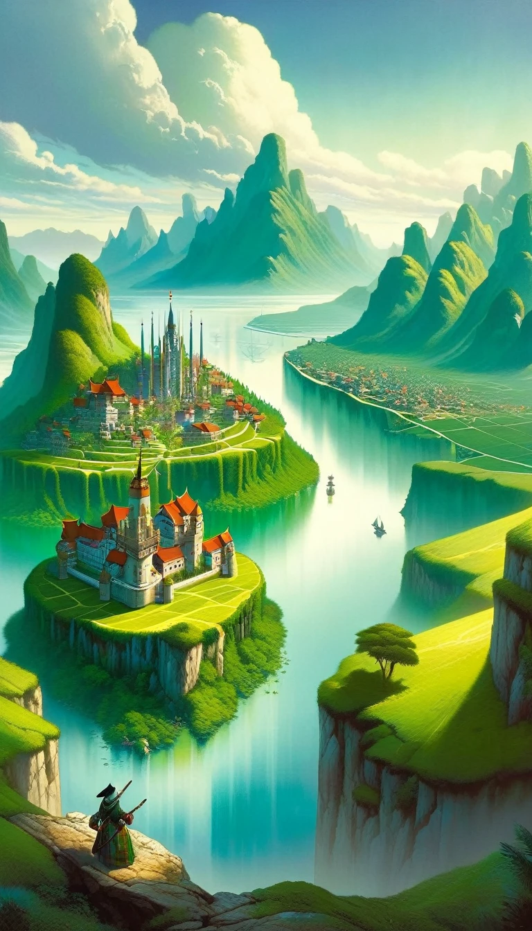 This image represents a beautiful scene from the fantasy world. It is during the day or early afternoon and the atmosphere is calm and great. In the foreground a female character appears sitting with her back to the viewer. She has long red braided hair and wears a plaid miniskirt with stockings and a tank top, very sexy, rope belt. In the background, we see a magnificent city built on a steep mountain or island. The city's architecture is reminiscent of the Middle Ages and the Renaissance, characterized by tall spiers and dense buildings and futuristic elements. High above the city, there are buildings that look like castles and palaces that rise above the rest. Below the city, there are lush green fields and scattered small buildings, which may be farms or towns. The landscape is lush and green with trees surrounding the settlements. Several ships are anchored at the foot of the mountains and islands, suggesting that the city is an important port city. The sky is light blue with very few clouds, indicating that it is daytime or early afternoon. The overall atmosphere is calm and grand, suggesting stories of adventure, exploration, or political intrigue in this fantasy world (art inspired by Bill Sienkiewicz). oil painting)