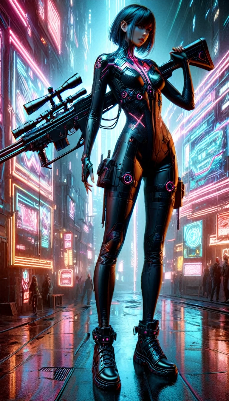 (ohwx woman), full body shot, cyberpunk woman sniper, cyberbody, cablelink connected to sniper rifle, dynamic shooting pose, aiming using sniper rifle, realistic full body shot, dynamic, extremely detailed eyes and face, beautiful detailed lips, longeyelashes, intricate machinery, sleek futuristic design, neon lights, moody lighting, cinematic composition, dramatic camera angle, immersive background of cyberpunk wastelands, vivid colors, photorealistic, 8k, best quality