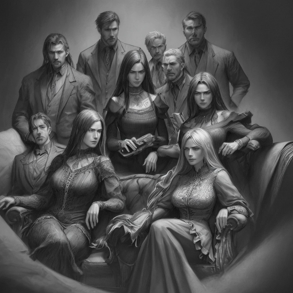 a group of men and women sitting on a sofa, looking at their mobile phones, sarcastic and mocking expressions, pencil sketch, highly detailed, black and white, dramatic lighting, cinematic, sharp focus, intricate details, textured paper, expressive faces, realistic proportions, moody atmosphere, dramatic shadows, skilled pencil work, photorealistic