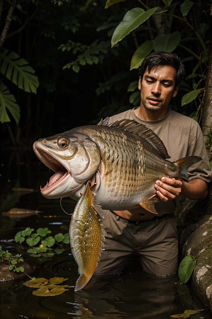 Realistic a man fishing big piranha