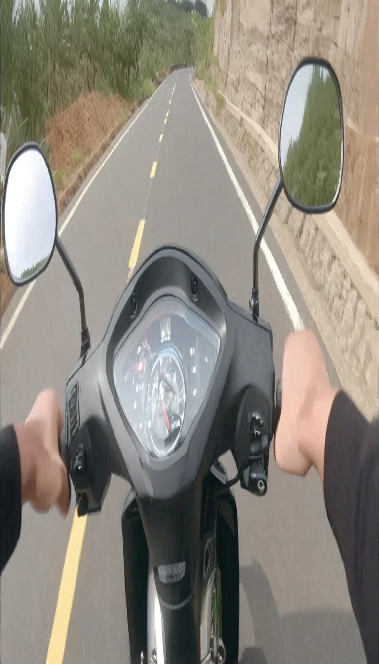 someone is riding a motorcycle on a road with a view of the road, riding on the road, riding on the moped scooter, moped, riding a motorbike, riding a motorbike down a street, riding a motorcycle, pov shot, motorcycle, forward facing angle, speeding on motorcycle, riding, leaked footage, street, without helmet, wide angle dynamic action shot