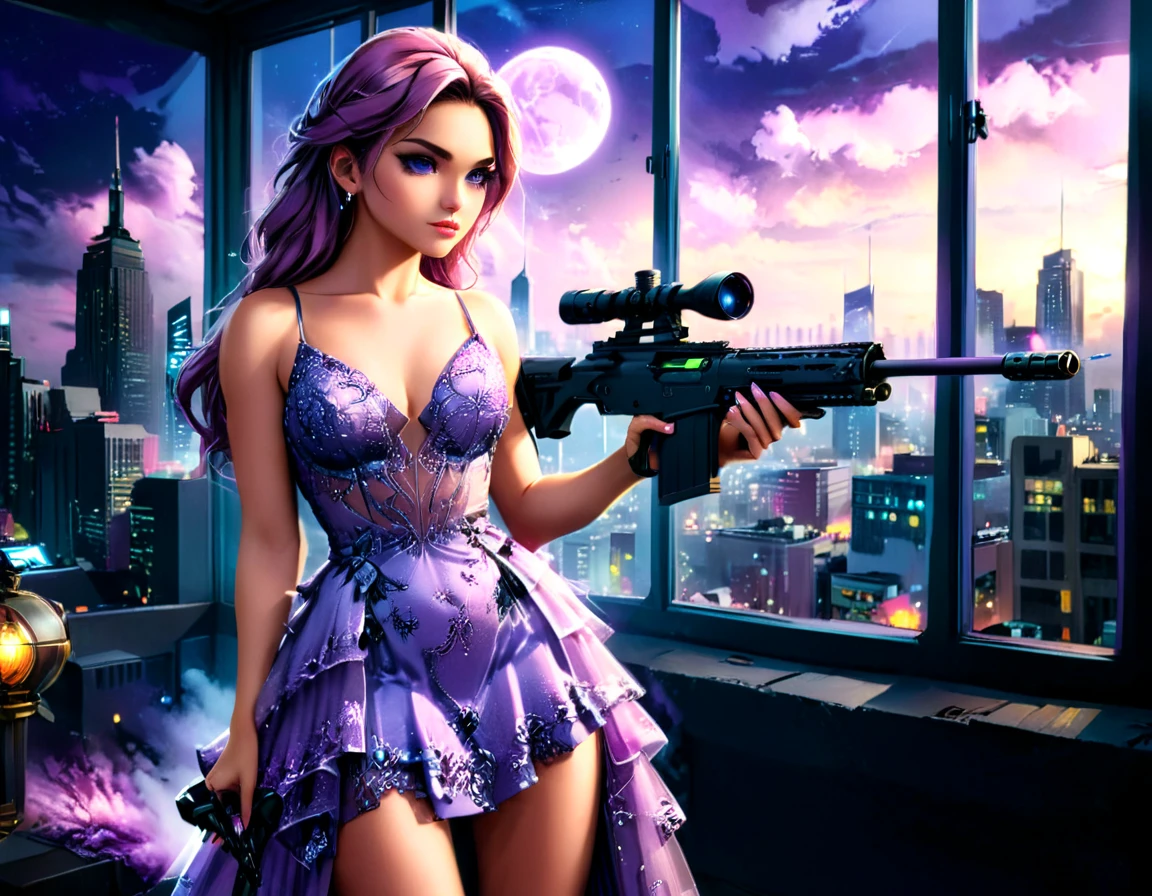 a portrait picture of a 1single woman sniper, standing in a window aiming a sniper rifle, an exotic beautiful woman sniper, dynamic hair, braided hair, full body shop, intense blue eyes, ultra detailed face, wearing (intricate lavender evening dress: 1.5), elegant dress, dynamic color, dynamic style, wearing elegant stiletto heels , behind a window in a tall building at nigh, aiming a Light Sniper Rifle , cyberpunk city background, its night time, moon rays, some clouds,  (full body shot: 1.1) , vibrant, Ultra-high resolution, High Contrast, (masterpiece:1.5), highest quality, Best aesthetics), best details, best quality, highres, ultra wide angle, 16k, [ultra detailed], masterpiece, best quality, (extremely detailed) Sniper Rifle, evening dress, ZipFile Comi Style
