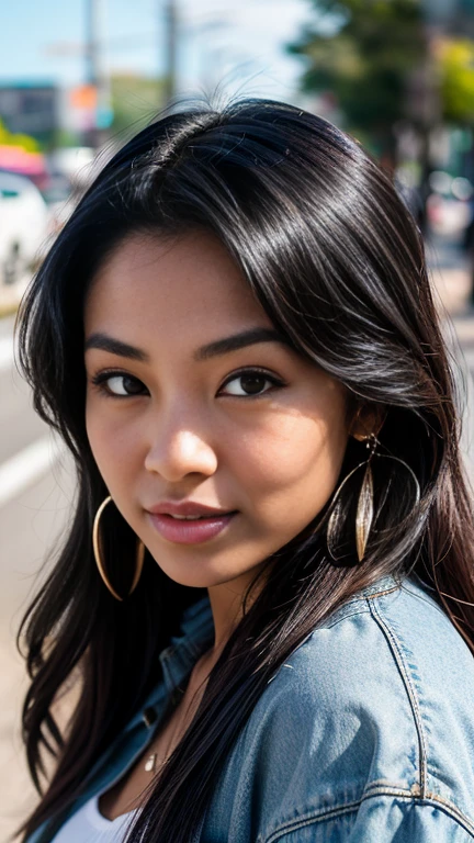 Create an face close up image of a young Hawaiian woman in her mid-20s and a skater girl vibe. She has a sexy, confident look, with hair featuring grey streaks. As an influencer, she has an effortlessly cool style, exuding casual yet captivating appeal.