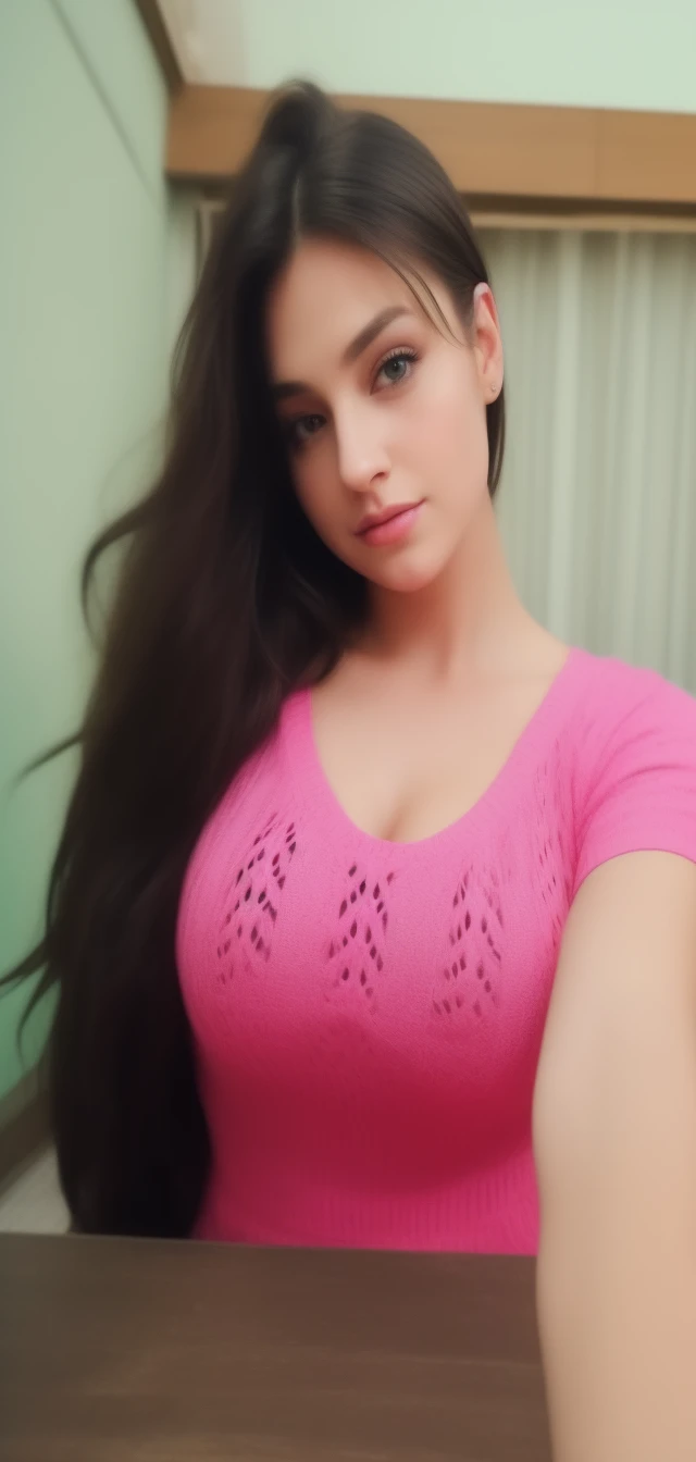 1woman, (realist:0.75), brown hair, long hair, green eyes, dancing, bowling,green eyes,Europeans,selfie,neckline,big breasts, bare legs,whole body,short dress