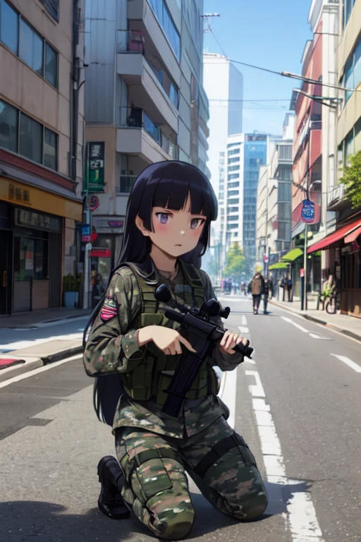 ruri gokou, (Ultra-high resolution), (masterpiece), (Attention to detail), (high quality), (最high quality) , 1 girl, alone,  Hime cut, Long Hair, ((Sniper)), Sniperライフル, Tactical Gear, Urban Background, skyscraper, Camouflage, Sniper pose, Serious expression, goggles, Urban Camo, Kneeling