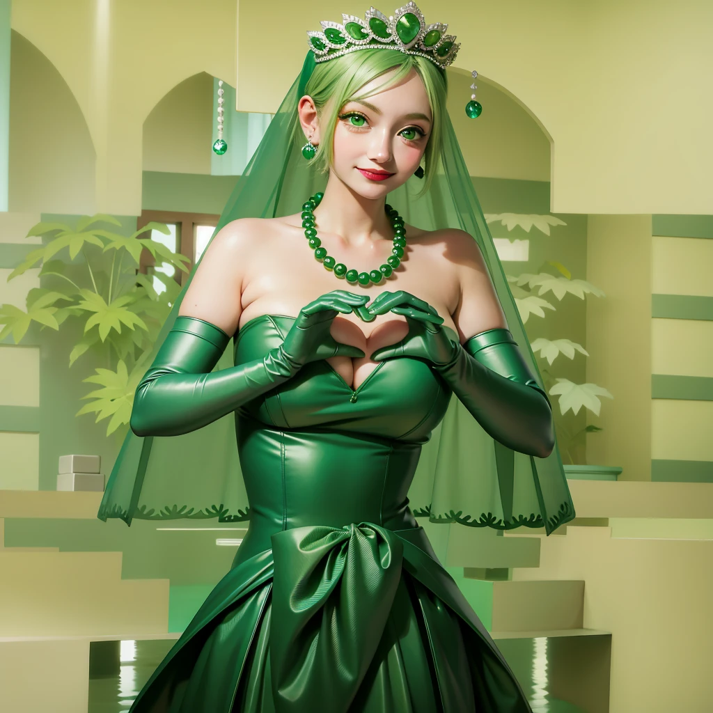 Emerald tiara, Green Pearl Necklace, ボーイッシュな非常に短いGreen Hair, Green Lips, Smiling Japanese woman, Very short hair, Busty beautiful lady, Green Eyes, Green satin long gloves, Green Eyes, Emerald Earrings, Green veil, Heart with both hands, Green Hair, Beautiful Japanese Woman, Heart shaped hands:1.3, green lip gloss