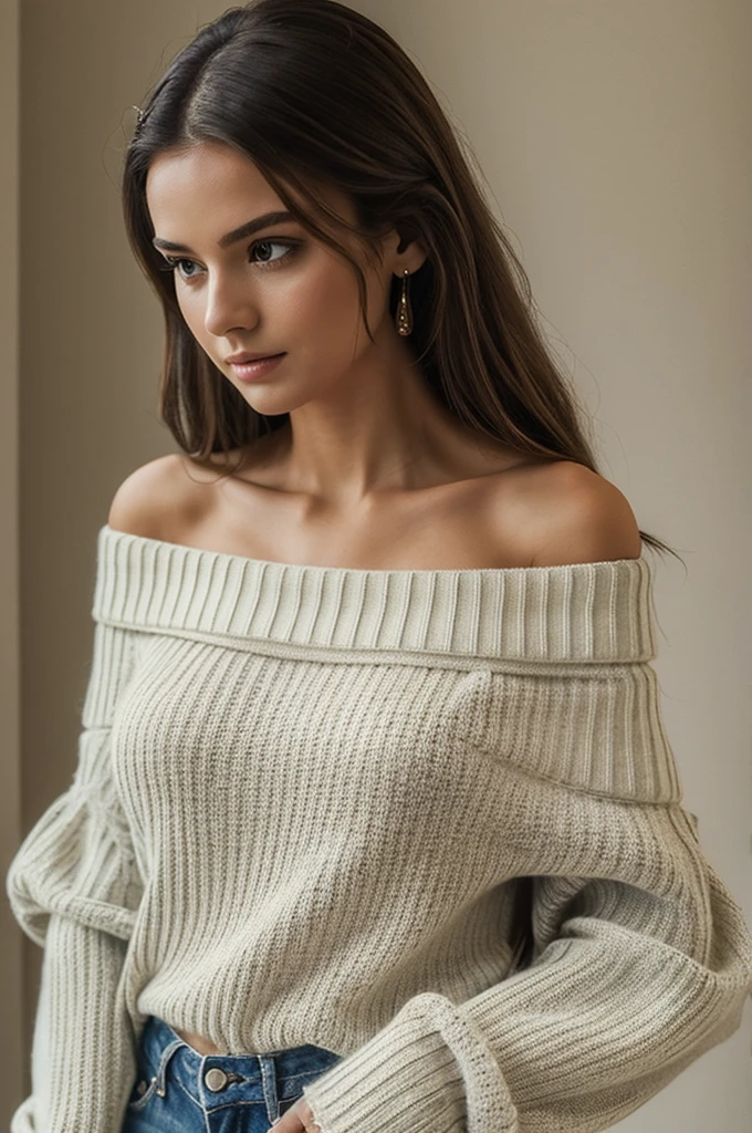 ((best quality)), ((masterpiece)), (detailed), 1girl, off-shoulder sweater,