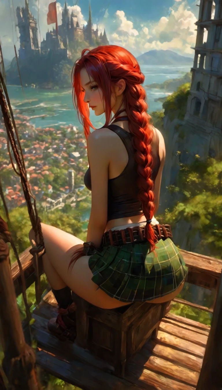 This image represents a beautiful scene from the fantasy world. It is during the day or early afternoon and the atmosphere is calm and great. In the foreground a female character appears sitting with her back to the viewer. She has long red braided hair and wears a plaid miniskirt with stockings and a tank top, very sexy, rope belt. In the background, we see a magnificent city built on a steep mountain or island. The city's architecture is reminiscent of the Middle Ages and the Renaissance, characterized by tall spiers and dense buildings and futuristic elements. High above the city, there are buildings that look like castles and palaces that rise above the rest. Below the city, there are lush green fields and scattered small buildings, which may be farms or towns. The landscape is lush and green with trees surrounding the settlements. Several ships are anchored at the foot of the mountains and islands, suggesting that the city is an important port city. The sky is light blue with very few clouds, indicating that it is daytime or early afternoon. The overall atmosphere is calm and grand, suggesting stories of adventure, exploration, or political intrigue in this fantasy world (art inspired by Bill Sienkiewicz). oil painting)