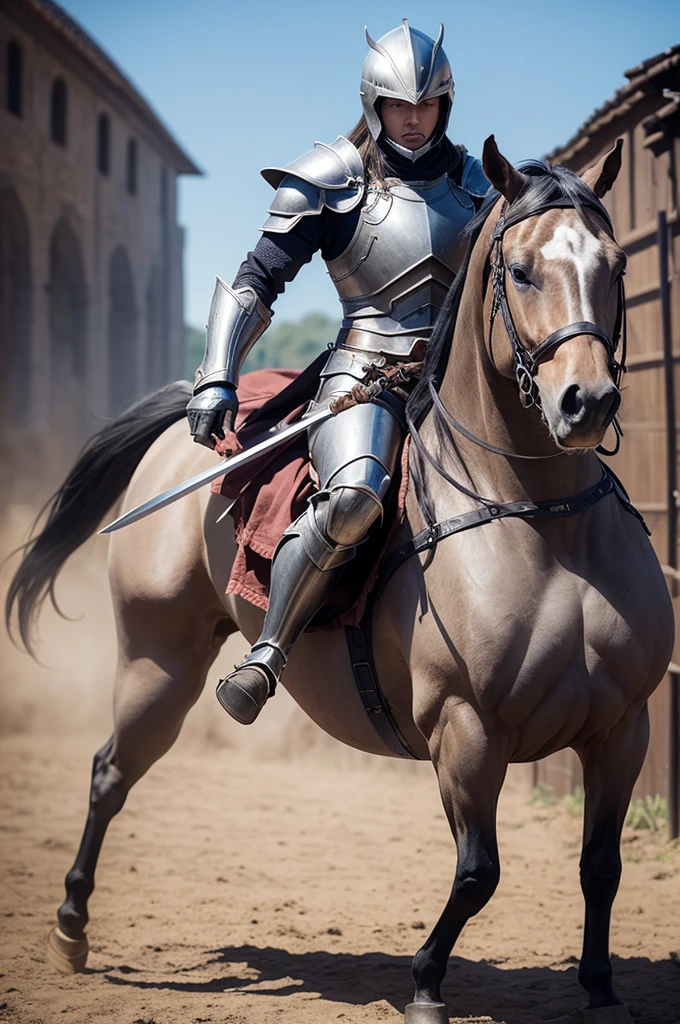 Create a person on a horse in iron armor with a sword 