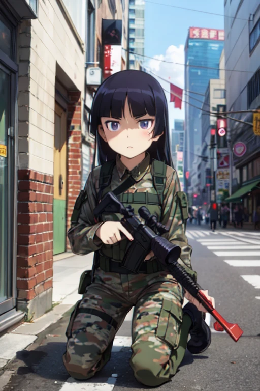 ruri gokou, (Ultra-high resolution), (masterpiece), (Attention to detail), (high quality), (最high quality) , 1 girl, alone,  Hime cut, Long Hair, ((Sniper)), Sniperライフル, Tactical Gear, Urban Background, skyscraper, Camouflage, Sniper pose, Serious expression, goggles, Urban Camo, Kneeling