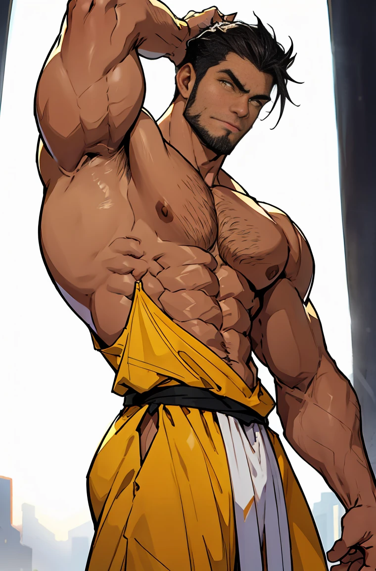 Muscular male, super tall body, blackhair and yellow eyes, o homem tem os ombros muito largos e a cintura fina, flexionando um bíceps, super muscular, em pé , sua pele é muito clara e ele tem uma barba curta