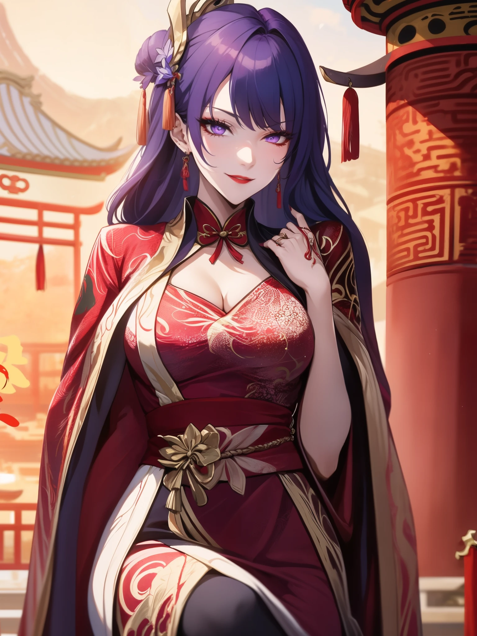 score_9, score_8_up, score_7_up, score_6_up, score_5_up, score_4_up, Raiden shogun, purple eyes, purple long hair, tied hair, hair in a bun, hairpin, traditional Chinese red wedding hanfu dress, Yourqipao Red Embroidery Chinese Xiuhe Hanfu Women's Satin Cheongsam Ancient Traditional Chinese Bride, Wedding Dress, Long Dresses, long earrings, red lipstick, detailed eyes, traditional wear, sexy attractive, hot, traditional, smiling widely, happy, blushing, lotuses, sitting,
