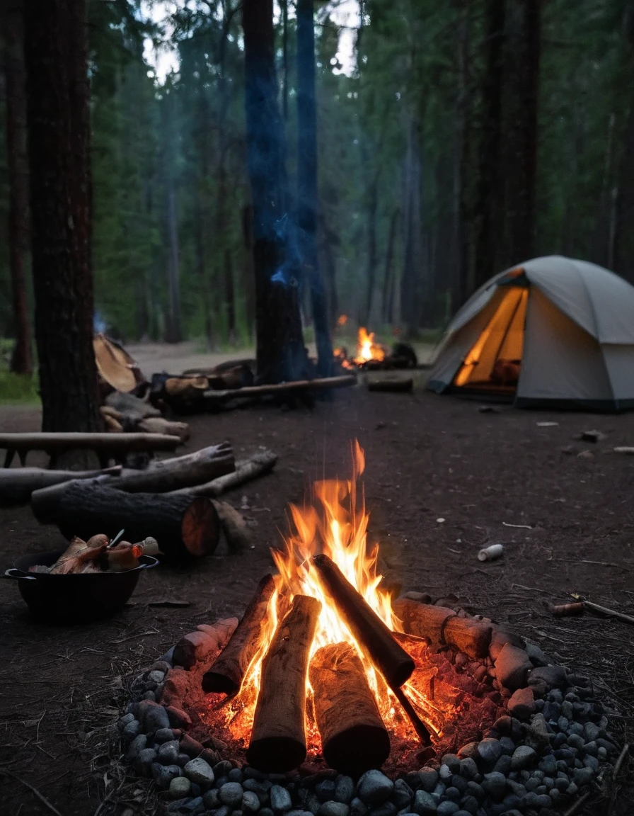 there is a fire in a pot on the ground near a campfire, barrel fires and tents, campfire in background, outdoor campfire pit, camp fire, campfire, at a campfire in the forest, camping, campfire background, (fire), at a campfire at night, campsites, glamping, fire lit, accurate and detailed, cozy environment