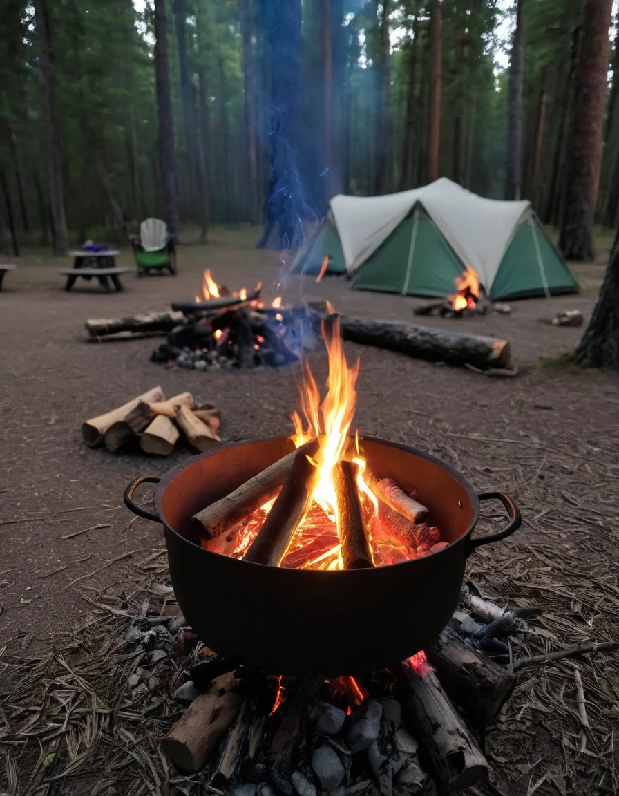 there is a fire in a pot on the ground near a campfire, barrel fires and tents, campfire in background, outdoor campfire pit, camp fire, campfire, at a campfire in the forest, camping, campfire background, (fire), at a campfire at night, campsites, glamping, fire lit, accurate and detailed, cozy environment