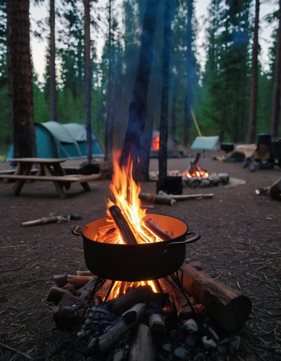 there is a fire in a pot on the ground near a campfire, barrel fires and tents, campfire in background, outdoor campfire pit, camp fire, campfire, at a campfire in the forest, camping, campfire background, (fire), at a campfire at night, campsites, glamping, fire lit, accurate and detailed, cozy environment