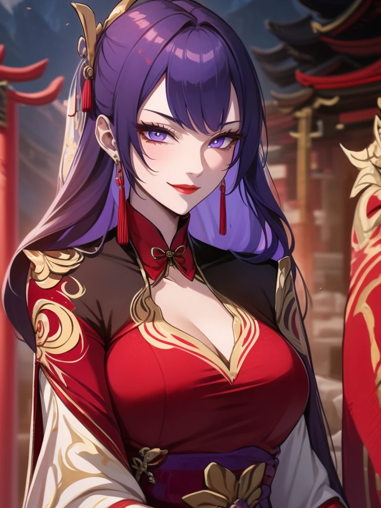 score_9, score_8_up, score_7_up, score_6_up, score_5_up, score_4_up, Raiden shogun, purple eyes, purple long hair, tied hair, hair in a bun, hairpin, traditional Chinese red wedding hanfu dress, Yourqipao Red Embroidery Chinese Xiuhe Hanfu Women's Satin Cheongsam Ancient Traditional Chinese Bride, Wedding Dress, Long Dresses, long earrings, red lipstick, detailed eyes, traditional wear, sexy attractive, hot, traditional, smiling widely, happy, blushing, lotuses, sitting,