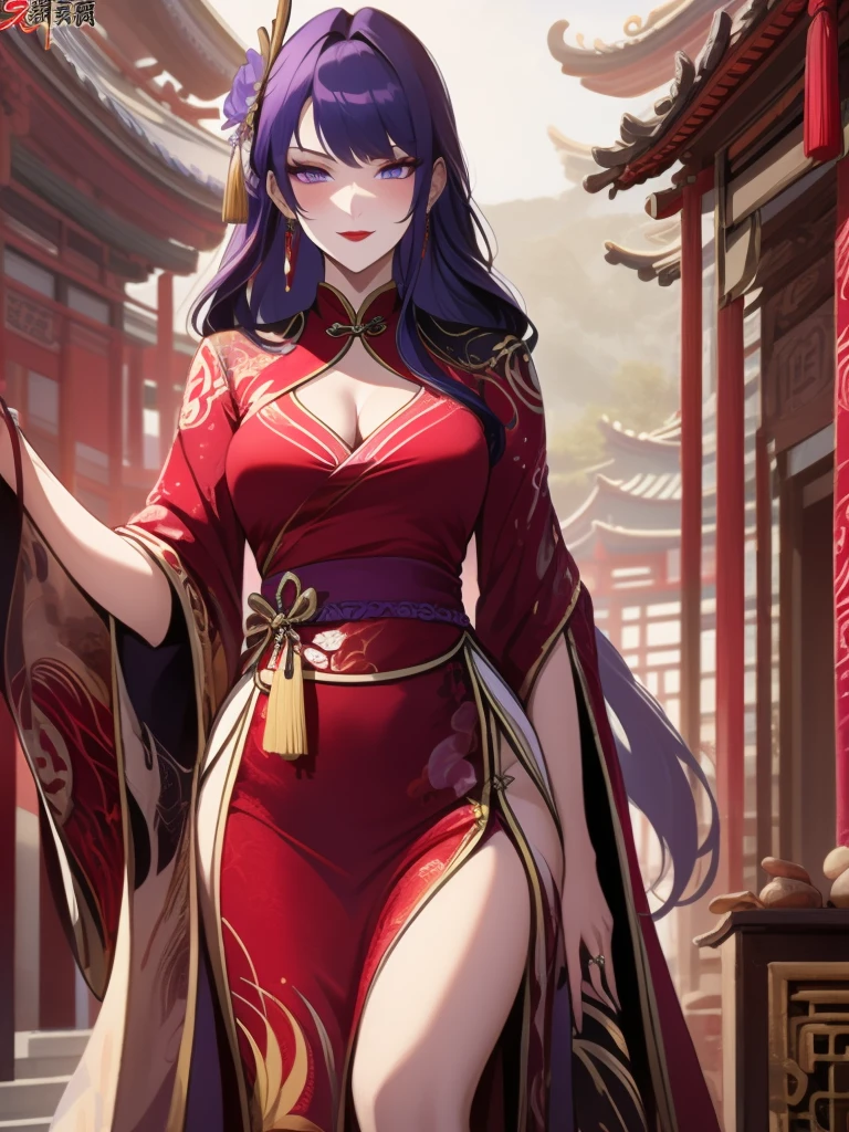 score_9, score_8_up, score_7_up, score_6_up, score_5_up, score_4_up, Raiden shogun, purple eyes, purple long hair, tied hair, hair in a bun, hairpin, traditional Chinese red wedding hanfu dress, Yourqipao Red Embroidery Chinese Xiuhe Hanfu Women's Satin Cheongsam Ancient Traditional Chinese Bride, Wedding Dress, Long Dresses, long earrings, red lipstick, detailed eyes, traditional wear, sexy attractive, hot, traditional, smiling widely, happy, blushing, lotuses, sitting,
