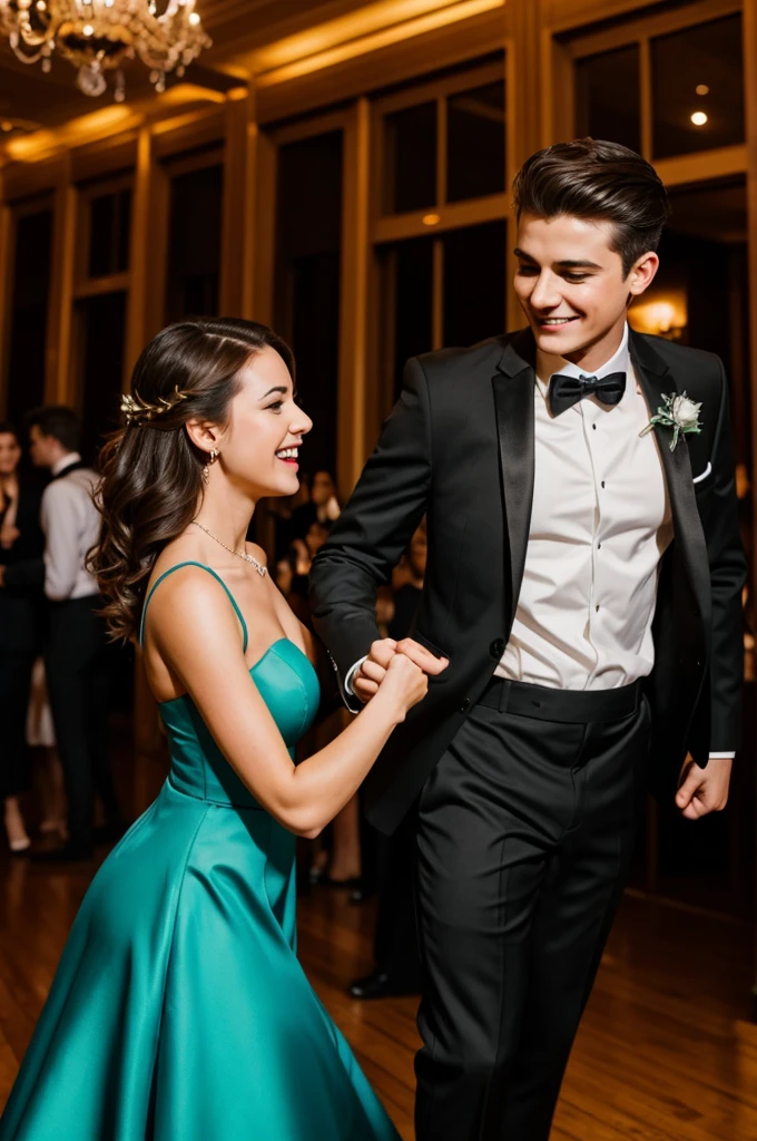 Create a boy, who is currently dancing in a suit with his girlfriend at a ball