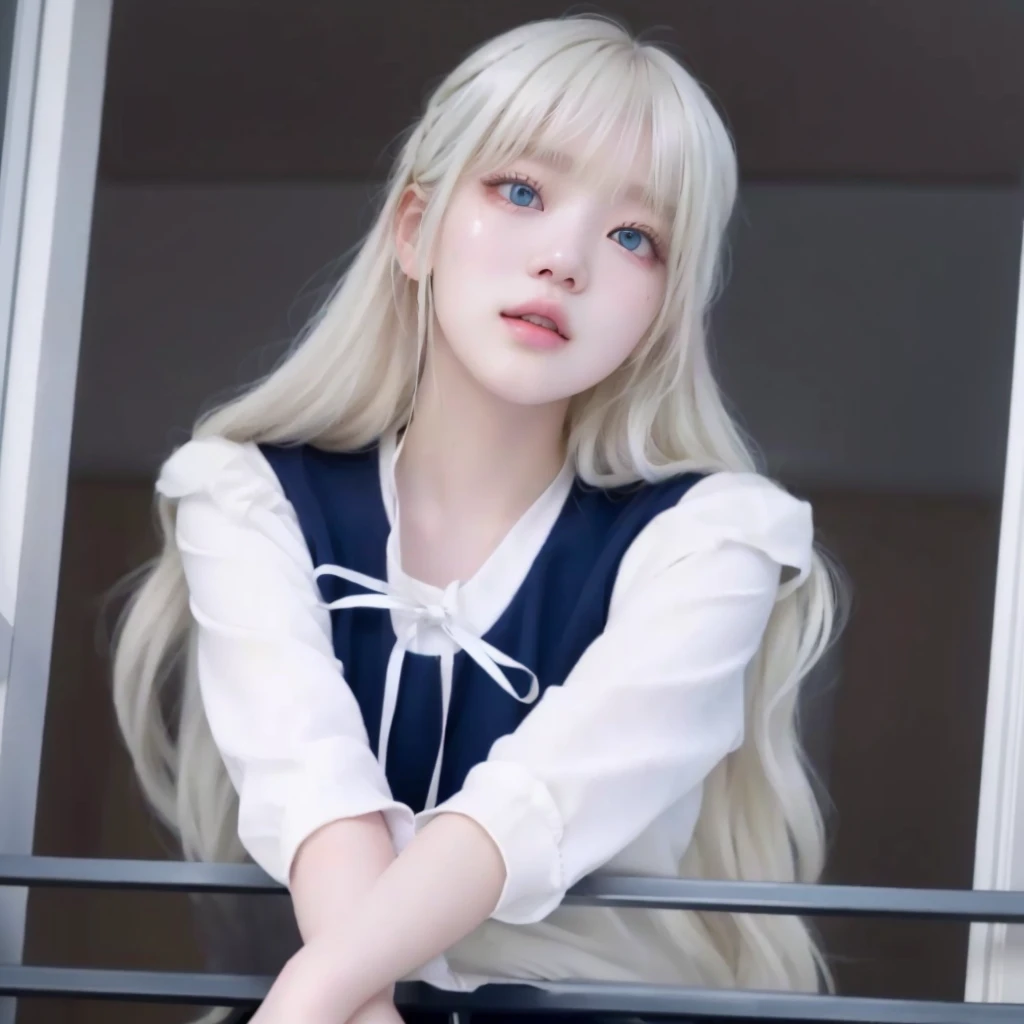 Wonyoung ive blond woman with white hair and blue eyes looking out of a window, long white hair and bangs, lalisa manoban of blackpink, portrait of jossi of blackpink, lalisa manobal, her hair is white, wonyoung ive, anime girl in real life, shikamimi, with full bangs, with long white hair, jossi of blackpink, roseane park of blackpink, wonyoung ive