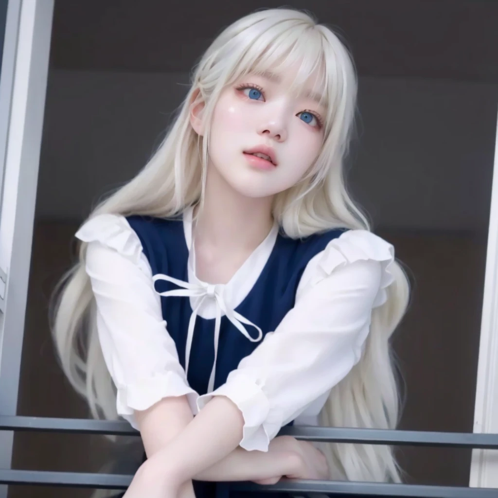 Wonyoung ive blond woman with white hair and blue eyes looking out of a window, long white hair and bangs, lalisa manoban of blackpink, portrait of jossi of blackpink, lalisa manobal, her hair is white, wonyoung ive, anime girl in real life, shikamimi, with full bangs, with long white hair, jossi of blackpink, roseane park of blackpink, wonyoung ive