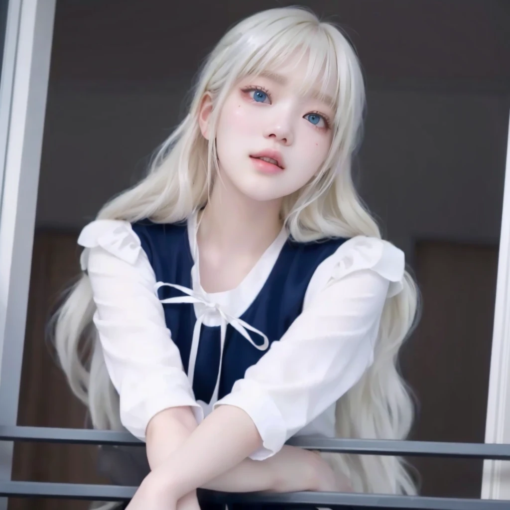 Wonyoung ive blond woman with white hair and blue eyes looking out of a window, long white hair and bangs, lalisa manoban of blackpink, portrait of jossi of blackpink, lalisa manobal, her hair is white, wonyoung ive, anime girl in real life, shikamimi, with full bangs, with long white hair, jossi of blackpink, roseane park of blackpink, wonyoung ive