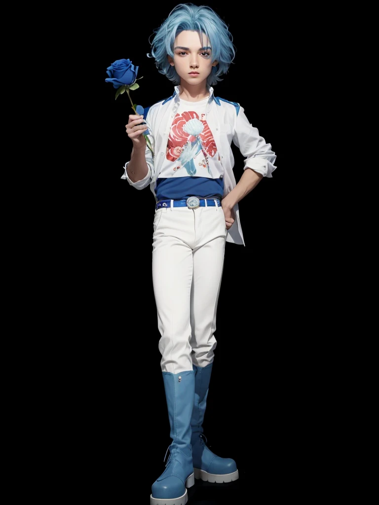 A full body handsome man, with blue hair, COM CAMISA BRANCA, with white pants, with white boots, holding a blue rose in her hand