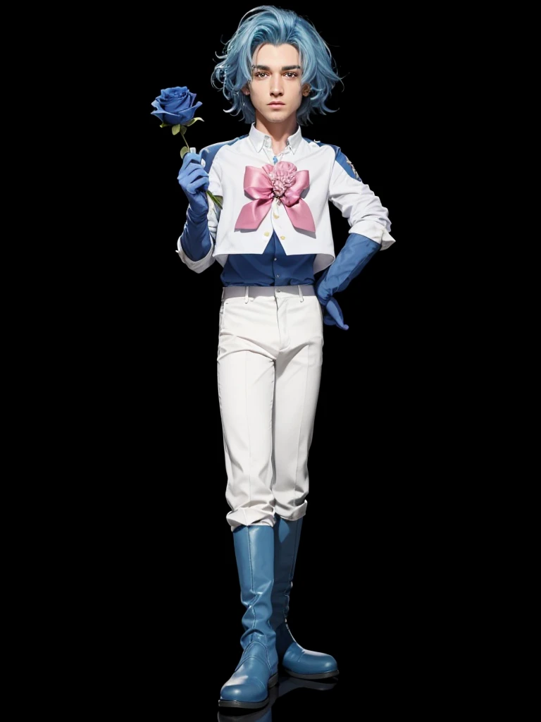 A full body handsome man, with blue hair, COM CAMISA BRANCA, with white pants, with white boots, holding a blue rose in her hand