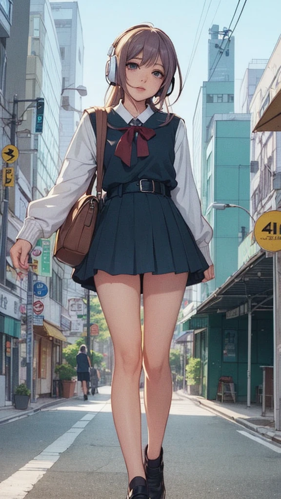 Anime Girls with headphones on walking across a busy city street, Beautiful anime school girl, Lofty Girl, Anime atmosphere, Anime Style 4 k, young Anime Girls, Anime Aesthetics, an Anime Girls, Anime Style illustration, retro Anime Girls, Anime Style. 8k, City Girl Fan Art, Tokyo Anime Scene, Anime Girls, Digital anime illustration, modern Anime Style