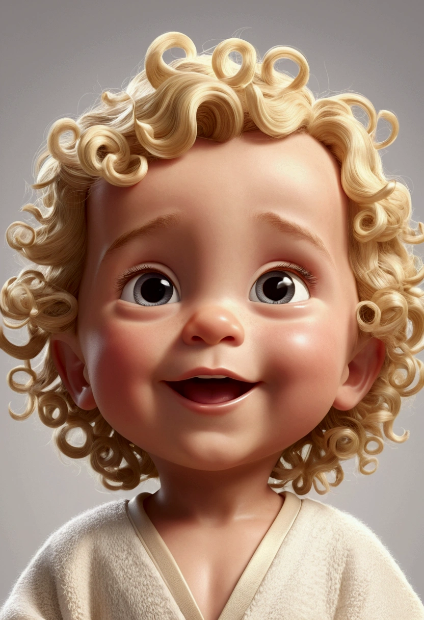 A happy newborn baby boy Jesus Christ with his hair standing on end LIGHT BLONDE CURLY, White background, the , tom, Pixar-style, ....3d, Cartoon s, face detailed, asymmetric 16k