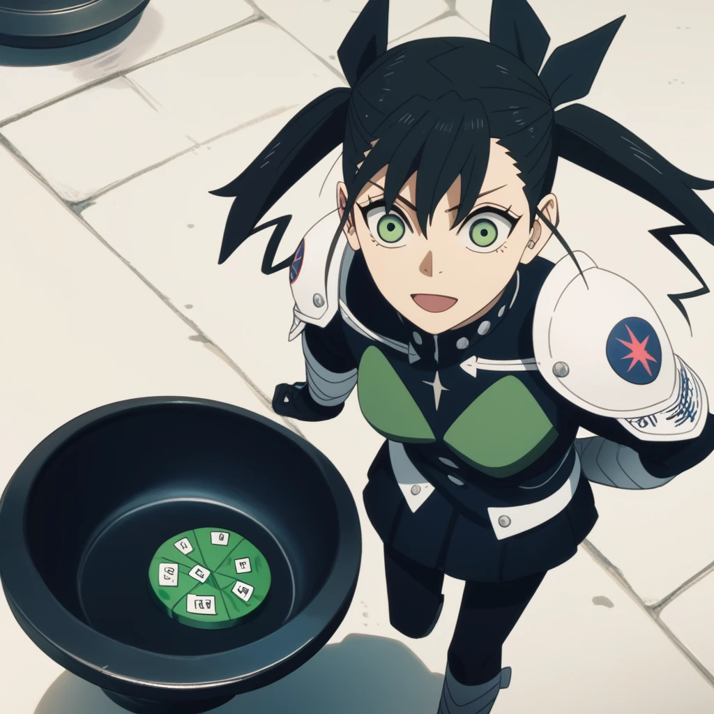 punctuation_9, punctuation_8_High above, punctuation_7_High above, punctuation_6_High above, punctuation_5_High above, punctuation_4_High above, fountain_アニメ, cloth catches, kikoru, 1 girl, Bblack hair, greeneyes, hair ribbon, black ribbon, bangss, May, armors, High aboveper body, ssmile(white and green armor) shining white armor) magical green necklace combined with eyes, magic necklace, black band in hair, young garita