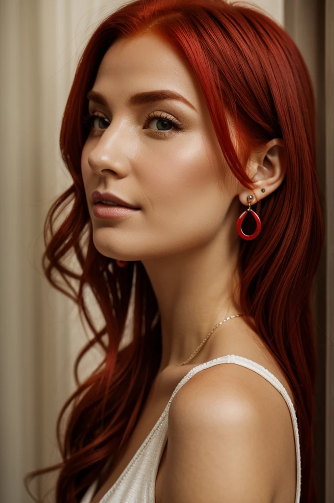 Red hair woman with earrings and a small nose