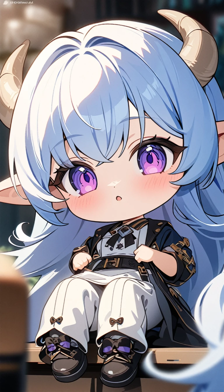 (masterpiece), best quality, ultra-detailed, 1024k UHD wallpaper, ultra-high resolution, depth of field, HDR, (extremely detailed CG 1024k wallpaper), Detailed face, Detailed Clothes, Ultra HD Photo, 1girl, long silky hair, 90's style, long light blue hair, purple eyes, elf ears, chibi, goat horns, (newest anime art style)