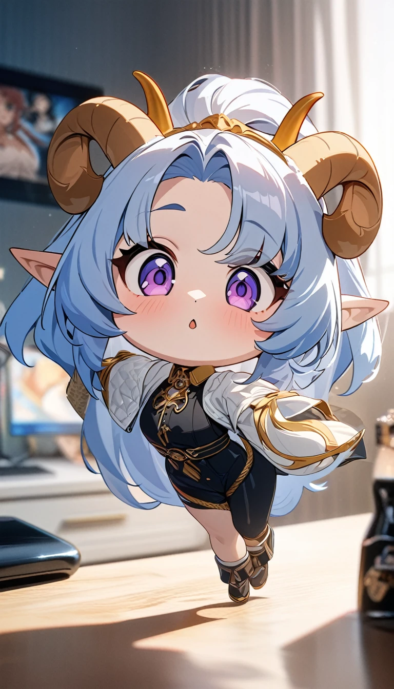 (masterpiece), best quality, ultra-detailed, 1024k UHD wallpaper, ultra-high resolution, depth of field, HDR, (extremely detailed CG 1024k wallpaper), Detailed face, Detailed Clothes, Ultra HD Photo, 1girl, long silky hair, 90's style, long light blue hair, purple eyes, elf ears, chibi, goat horns, (newest anime art style)