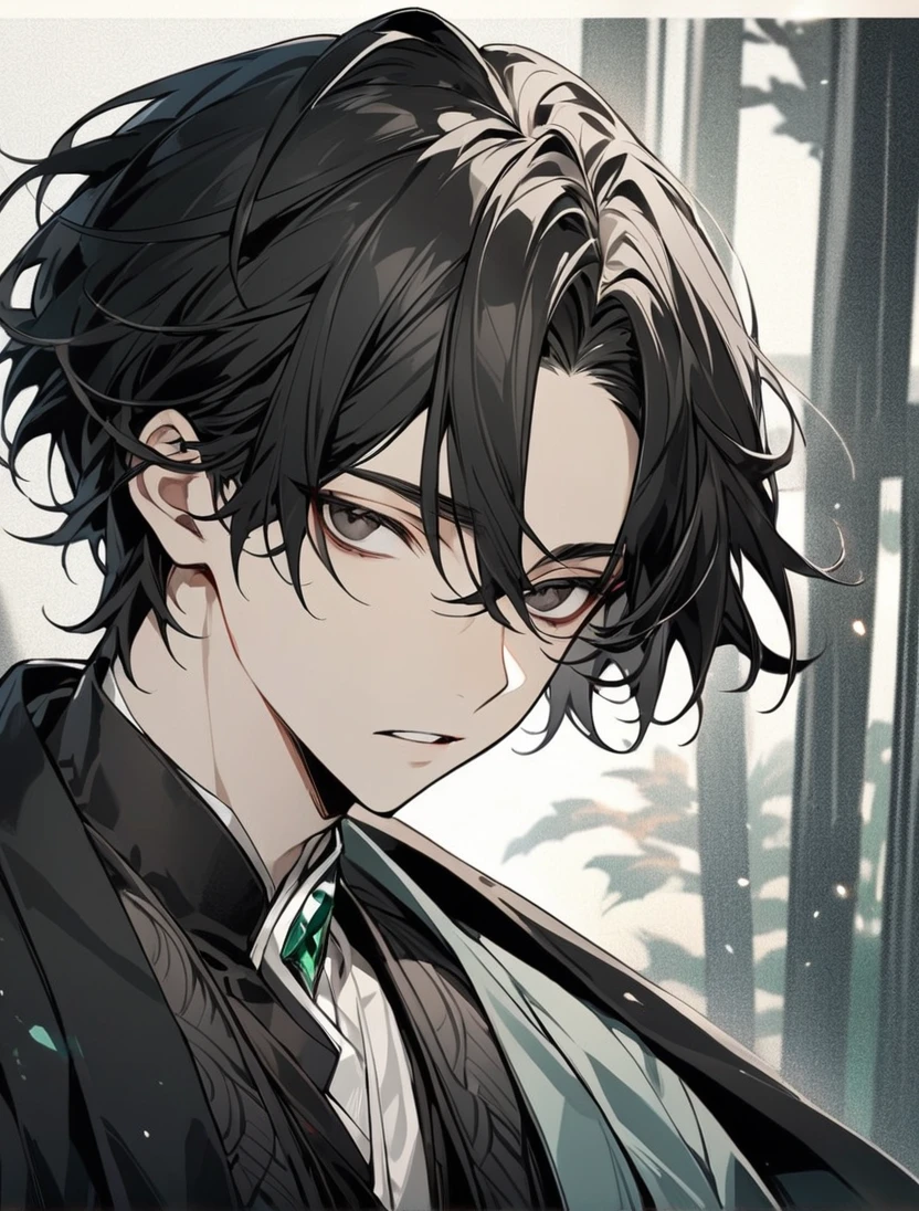 (black_hair), (short_hair), (deep_black_eyes), (Handsome), (Attractive), (male), (black_haori), (detailed_Hair), (detailed), (detailed_mouth), (Teenager), (dark_under_eyes), (gem_like_eyes), (whole_upper_body_image), (japanese_haori)