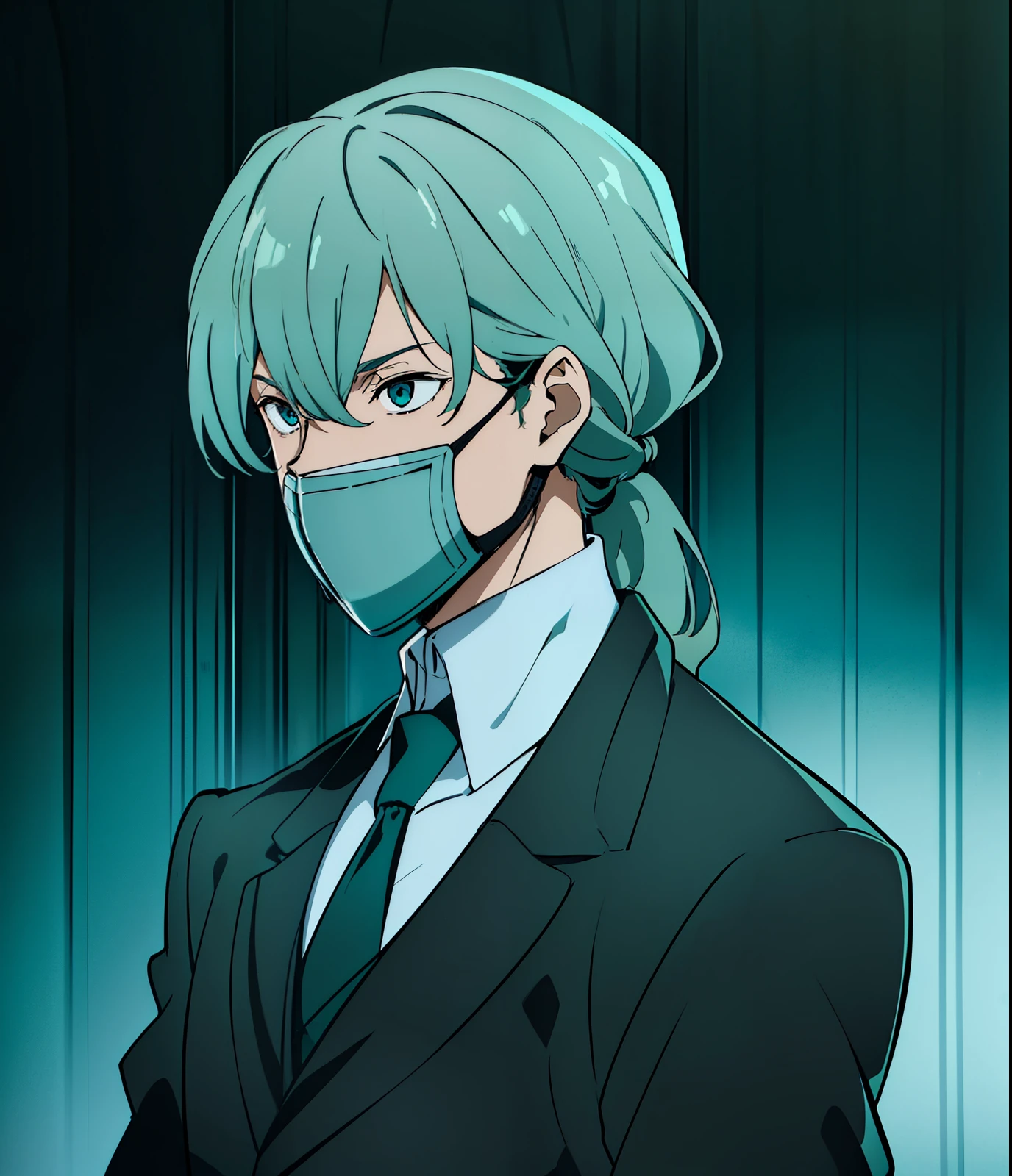 ((Masterpiece, highest quality)), ((1boy)), full of details, depth, greyish teal eyes, ((greyish teal hair in a ponytail)), (side part bangs), ((hair curves inward)), (Respirator mask), black blazer, beige turtleneck, fairskin, portrait profile 