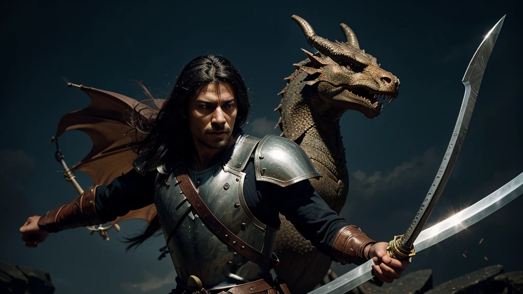 swordsman warrior facing a dragon